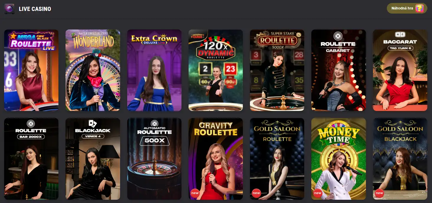 Sekce FEZbet Live Casino s výběrem živých stolních her