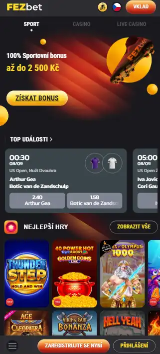 FEZbet otevřený na telefonu s přístupem k hlavní nabídce her a účtu