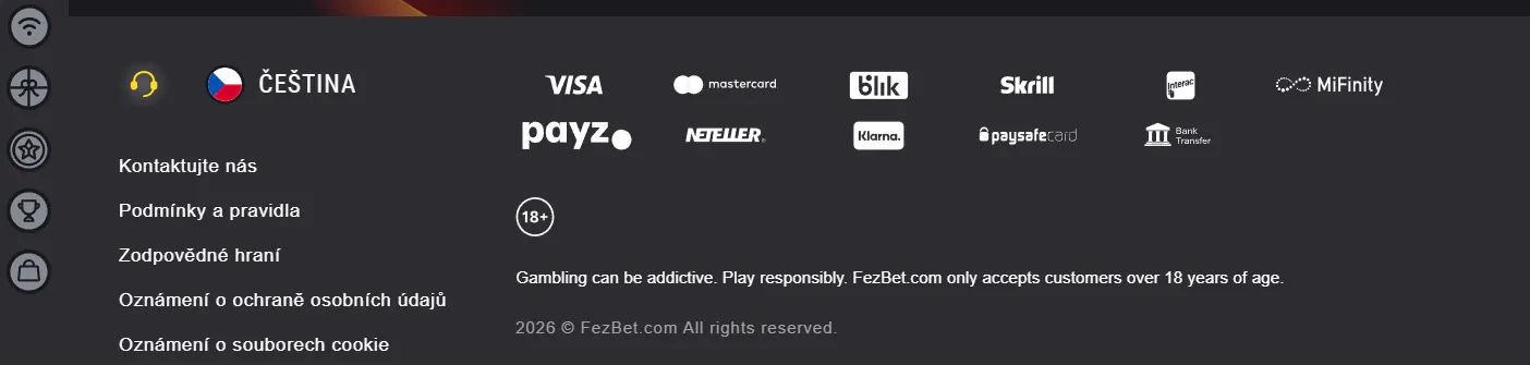 Pokladna FEZbet s možnostmi pro vklad a výběr prostředků