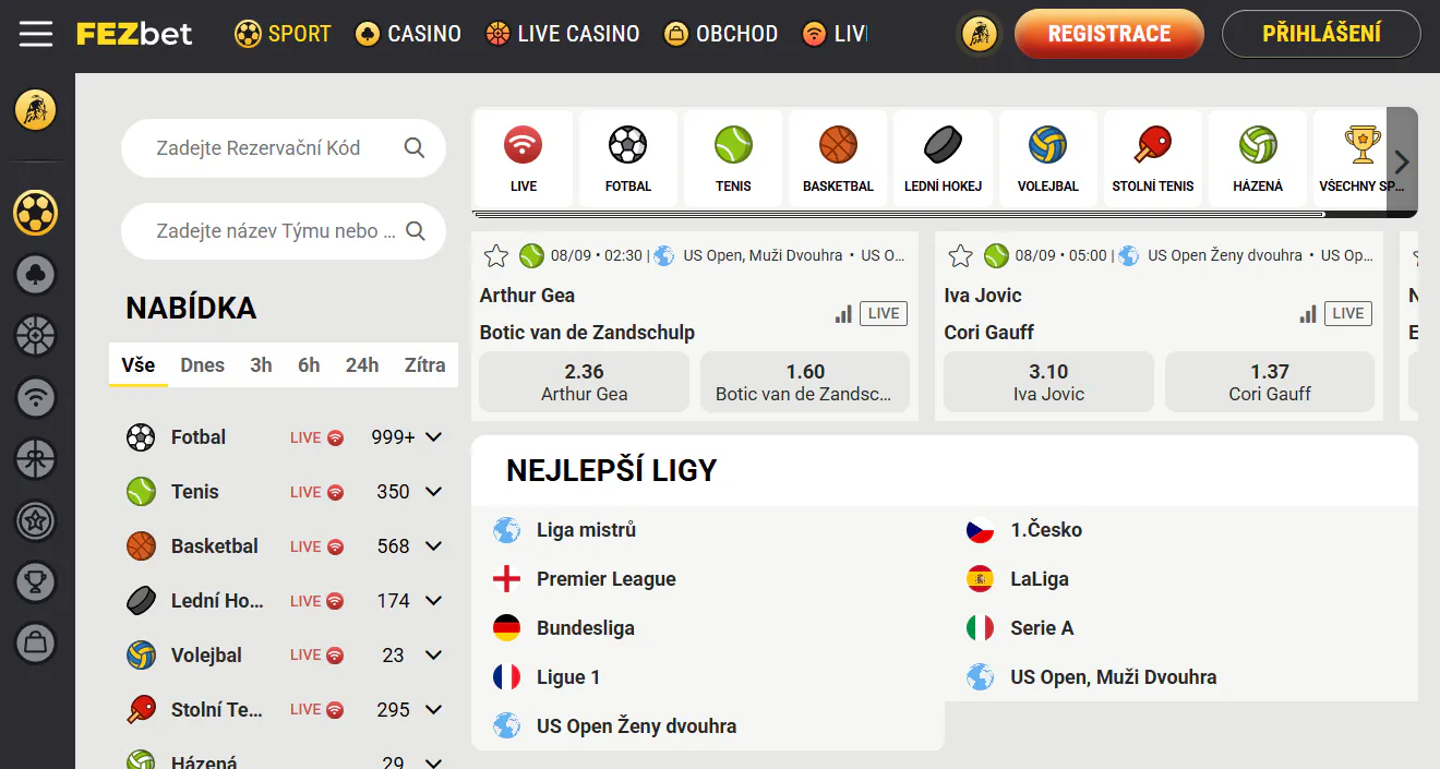FEZbet sportsbook s přehledem sportovních událostí, kurzů a sázkového tiketu