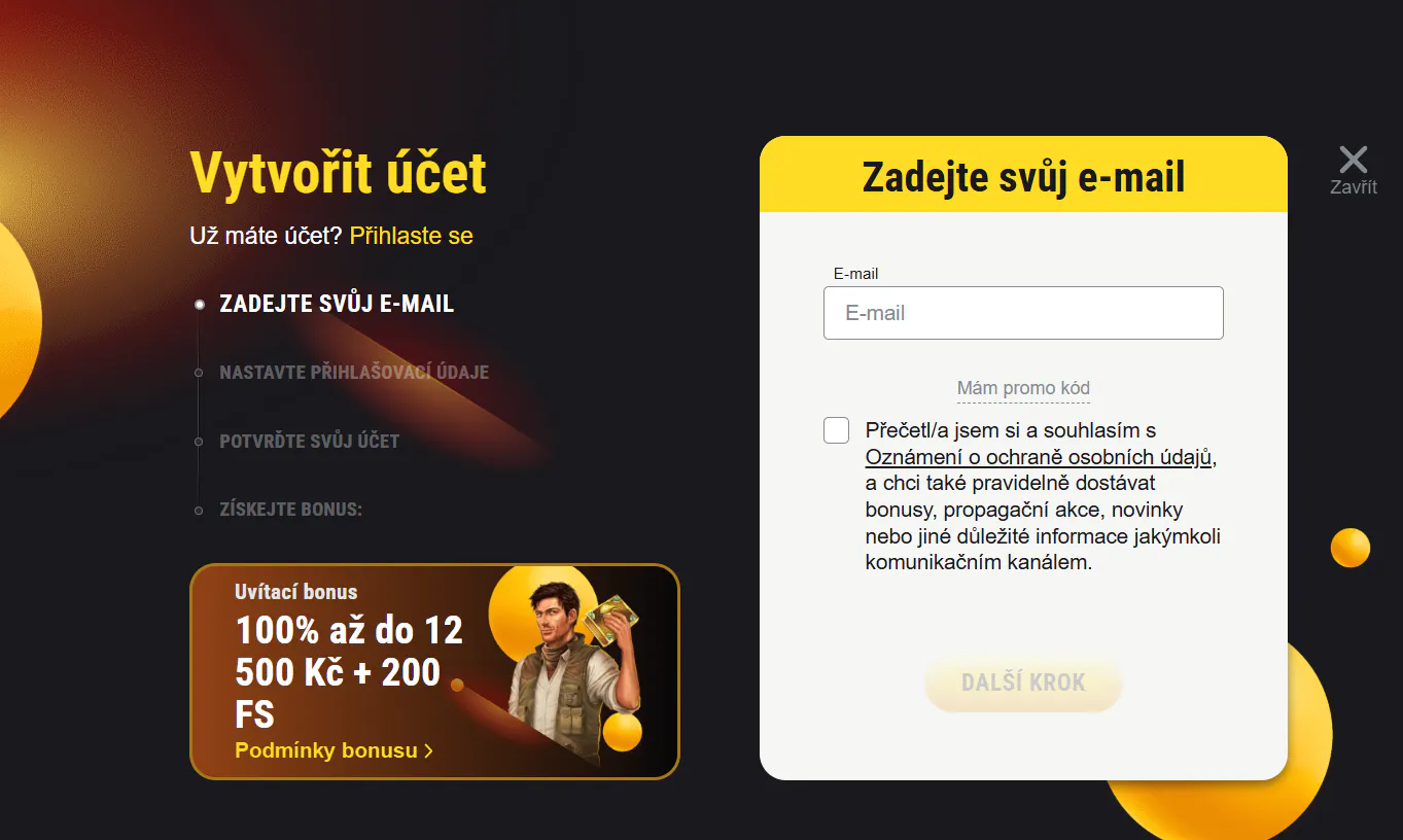 Registrační formulář FEZbet pro vytvoření nového hráčského účtu