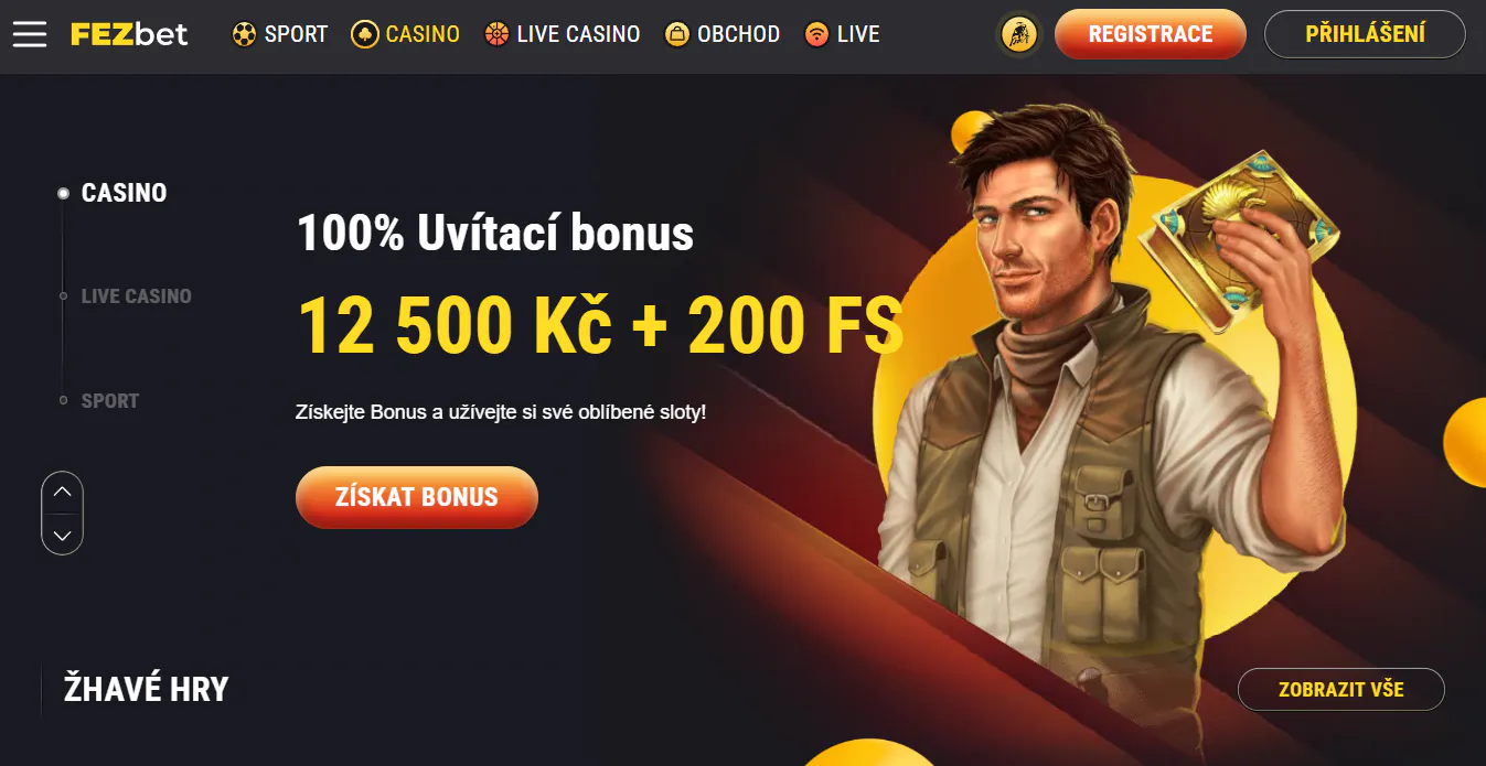 Casino lobby FEZbet s kategoriemi slotů, live casina a stolních her