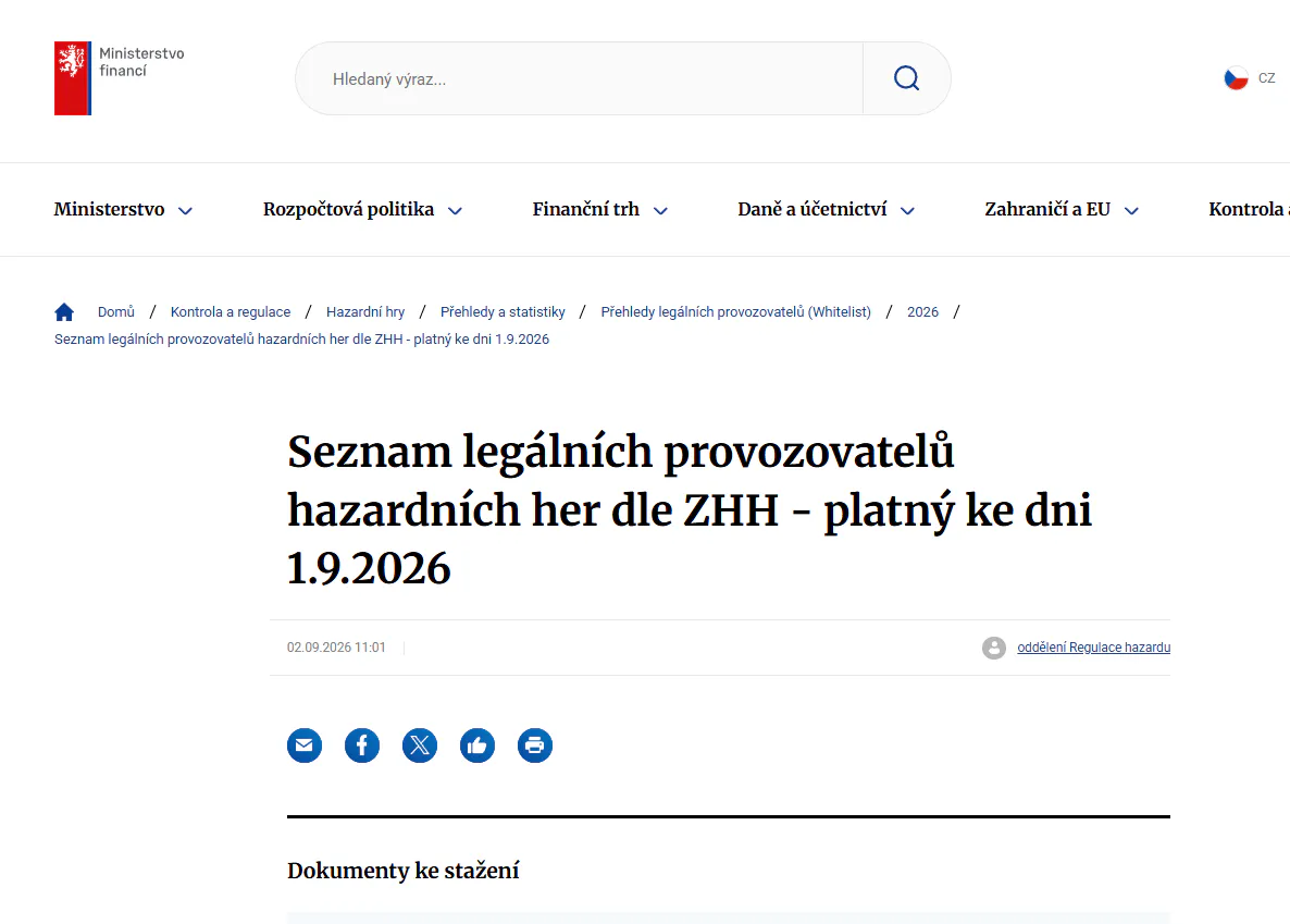 Stránka Ministerstva financí ČR s přehledem legálních provozovatelů hazardních her